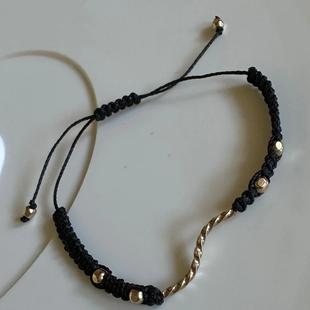 NEW Black Adjustable Cord Bracelet 14k Gold Beads Twisted Connector Minimalist